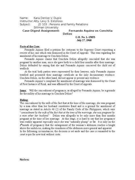 Case Digest: FERNANDO AQUINO v. CONCHITA DELIZO.